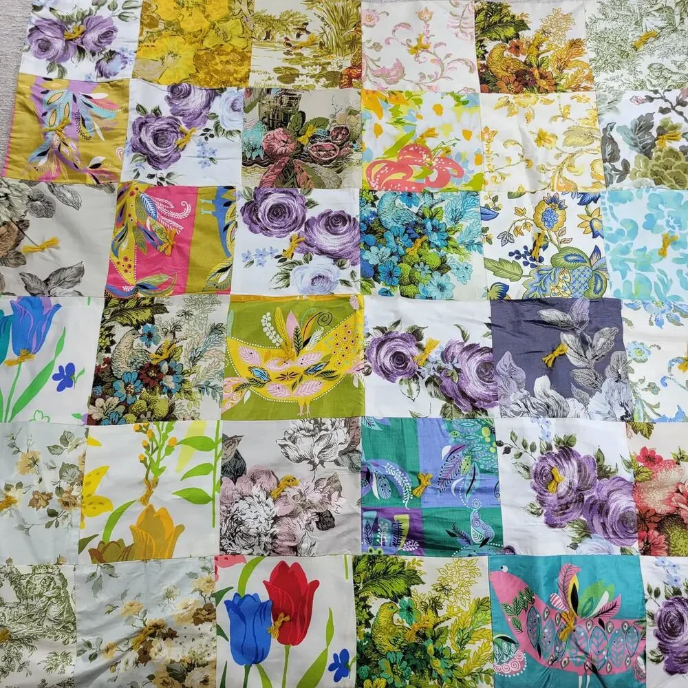 Handmade Patchwork Crazy Quilt Blanket Tablecloth Two-Sided Indian Square Floral